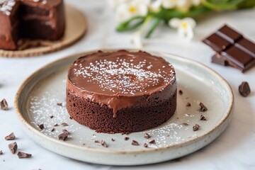 Decadent chocolate cake garnished with powdered sugar and surrounded by chocolate treats
