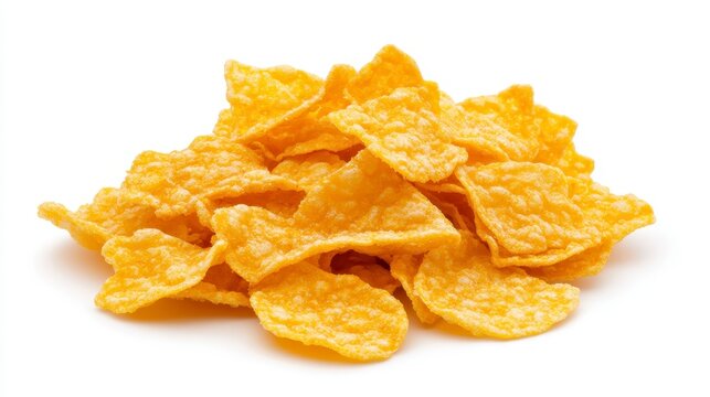 A close up shot of a pile of breakfast cereal on a white background. The cereal pieces are irregularly shaped and slightly textured, showing their
