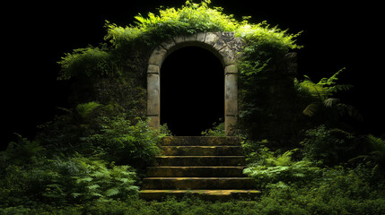 Ancient ruins enveloped in lush overgrowth create an eerie atmosphere on a dark background