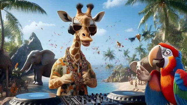 A cool DJ giraffe with sunglasses mixes tropical beats on a beach, joined by a vibrant parrot and exotic animals. Perfect for summer parties, island vibes, and fun music visuals