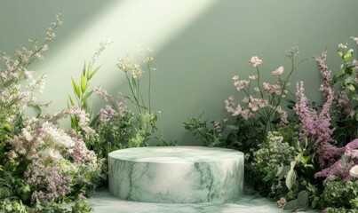 Green marble podium surrounded by flowers, soft light, nature backdrop