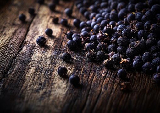 crushed Juniper berries spreading their aroma, showcased on a wooden surface