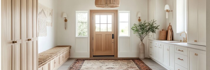 Light and airy entryway with wooden cabinetry and rug