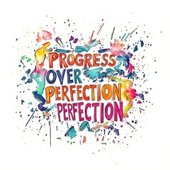 Motivational Quote Art Progress Over Perfection Watercolor Splatter Abstract Typography Expression