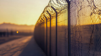 High wall with barbed wire along the border at sunset, marking a separation between regions and the harsh landscape