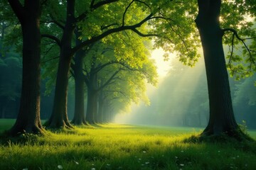 Trees leaning towards the wind in a peaceful forest, gentle, wind, peaceful