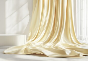 Cream drapes, minimalist interior, window light, podium display
