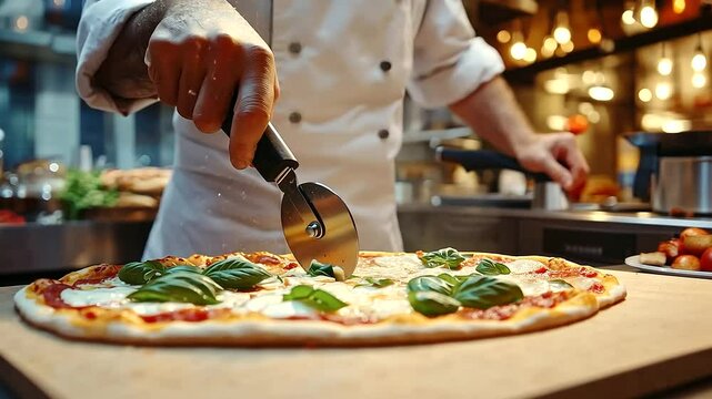 A professional chef in action, using a pizza cutter to divide a hot margherita pizza, with melted mozzarella and aromatic basil filling the air in a bustling pizzeria