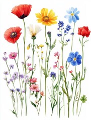 Fototapeta premium Poppy, chamomile, cornflower, clover, anemone and sunflower watercolor wildflowers.