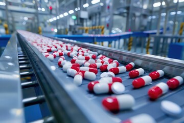 Fototapeta premium Conveyor belt in drug factory, pharmaceutical production line.