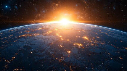 Sunrise over Earth, showing city lights and stars.