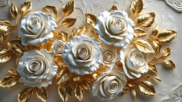 Luxurious white and gold floral wall decoration with intricate rose patterns and embossed detailing