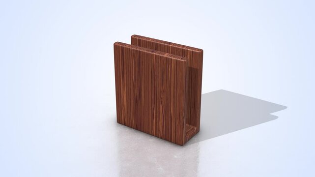 Napkin Holder on a Light Reflective Floor. Wooden Napkin Holder 3D Animation. 4K