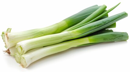 Fresh green leeks with vibrant green tops and white stalks, ideal for cooking and garnishing dishes.