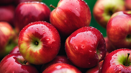 A backdrop featuring numerous ripe, succulent red apples adorned with droplets of water