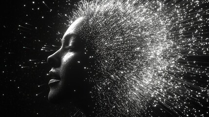 Abstract 3D Portrait of a Woman with a Crown and Sparkling Effects
