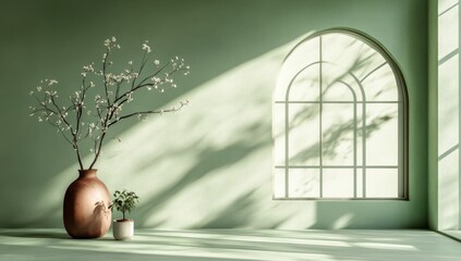 Soft green room with arch window, cherry blossoms, and potted plants. Use for home decor, interior design