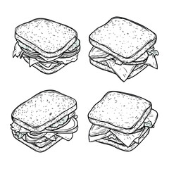 A set of sandwich with fresh vegetable, coloring page for kids,