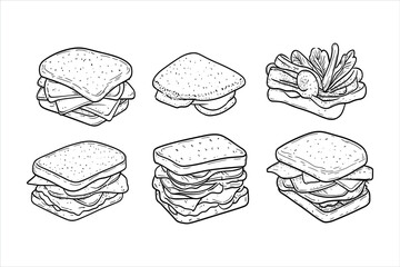 A set of sandwich with fresh vegetable, coloring page for kids,