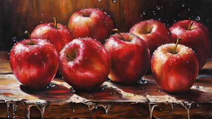 An array of plump, juicy red apples, glistening with water droplets, serves as the background