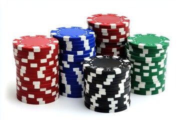 Colorful poker chips stacked high on white background