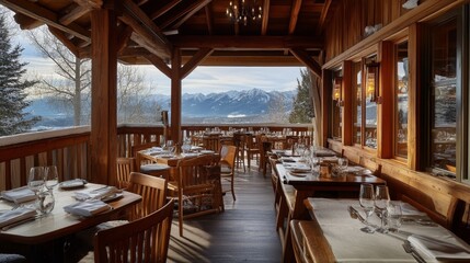 Fototapeta premium Rustic restaurant with mountain views.