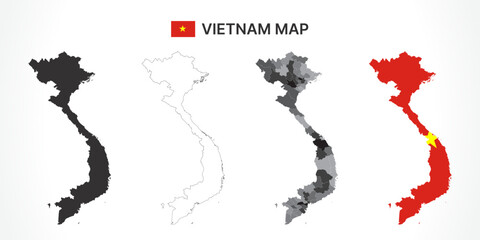 Detailed Vietnam Map Collection with Outline, Silhouette, Provinces, and Flag Overlay Variations