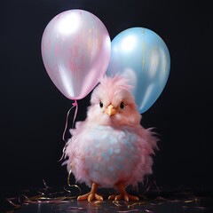 Pink Fluffy Chick With Party Balloons Against Dark Backdrop Festive Bird Celebration Image