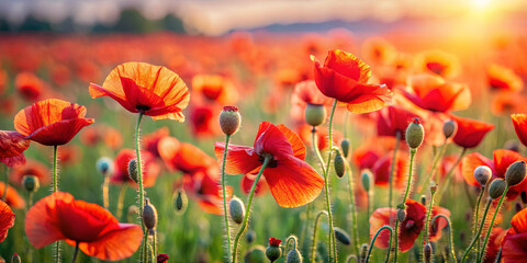 Obraz premium A field filled with bright red poppy flowers stretches towards the horizon during sunset, creating a stunning contrast against the warm, golden sky