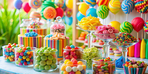 Fototapeta premium A vibrant display of assorted candies and sweets showcases a variety of colors and flavors in a decorated setting. Glass containers filled with sugary delights attract onlookers' attention