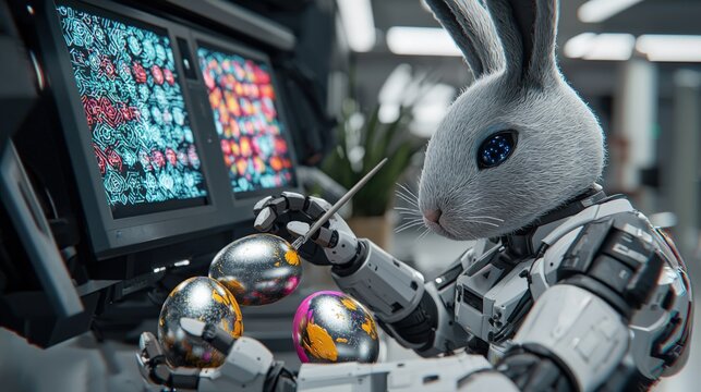 Easter Festival Celebration Robotic Bunny Painting Eggs Futuristic Studio Digital Art Embracing Tradition and Innovation