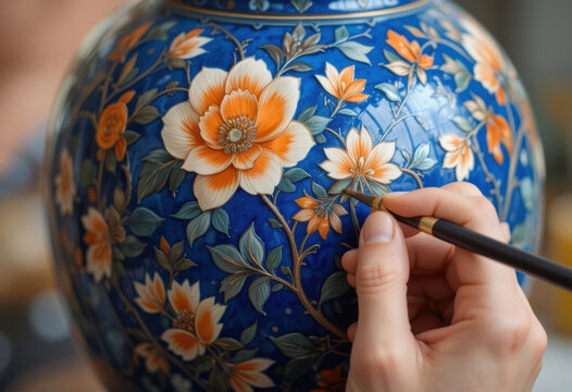 Experto artesano pintando un intrincado dise&ntilde;o floral en un jarr&oacute;n de cer&aacute;mica azul, delicadas flores de color naranja y finos detalles
