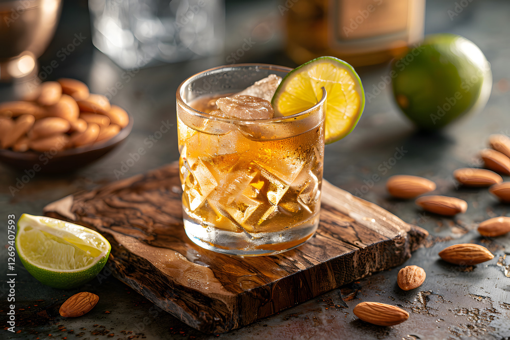 Poster refreshing whiskey on the rocks with citrus garnish