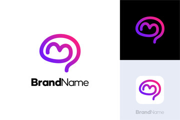 Initial Letter M Brain Logo, Icon M Letter Smart Vector template element, simple modern letter M with monoline brain sign symbol. 