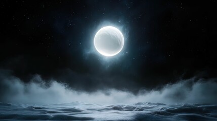 A serene night scene featuring a bright moon above dark, swirling ocean waves, creating a mystical and tranquil atmosphere.