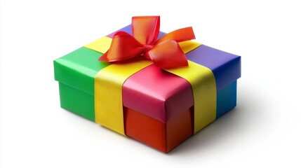Multicolored gift box with a red ribbon tied in a bow on a white background. The box is wrapped in green, yellow, red, and blue paper