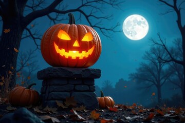 A large, glowing pumpkin perches on top of a stone pedestal under the full moonlight, lanterns, mysterious
