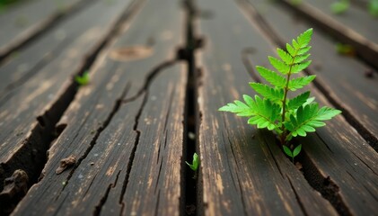Fototapeta premium A lone fern growing through the cracks in the wooden planks, decay, cracks, nature