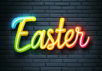 Obraz premium Colorful neon holiday sign on a dark brick wall. The word holiday is in a stylized script font with gradient colors, creating a festive and vibrant