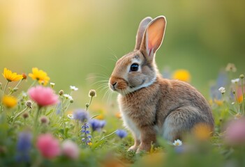 Adorable Bunny in Spring Flowers