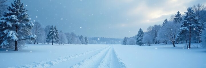 Fototapeta premium A serene and calm winter scene with snow falling from the sky, stillness, icy conditions, serenity