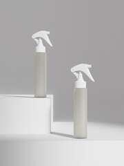 Trigger spray bottle mockup, translucent PET plastic sprayer packaging, slim cylindrical atomizer bottle, 250 ml water mist dispenser mockup, white empty design mini spray bottle isolate on background