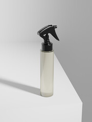 black Trigger spray bottle mockup, translucent PET plastic sprayer packaging, slim cylindrical atomizer bottle mockup, 250 ml water mist dispensor mockup, empty design spray bottle on clean background