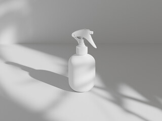 Trigger spray bottle mockup, round cylindrical PET plastic sprayer packaging, perfume atomizer bottle, white water mist dispensor mockup, empty design mini spray bottle isolate on clean background