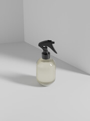 Trigger spray bottle mockup, translucent cylindrical PET plastic sprayer packaging, black perfume atomizer bottle, water mist dispensor mockup, empty design spray dispensor isolate on clean background