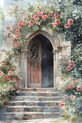 Blooming Castle Entrance Framed by Flourishing Roses in Serene Watercolor Painting