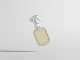 Trigger spray bottle mockup, round translucent cylindrical PET plastic sprayer packaging, cylindrical perfume atomizer bottle, water mist dispensor, empty design spray dispensor isolate on background