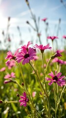 Fototapeta premium Wild dianthus flowers swaying in the breeze with sunshine, flowers, blooming