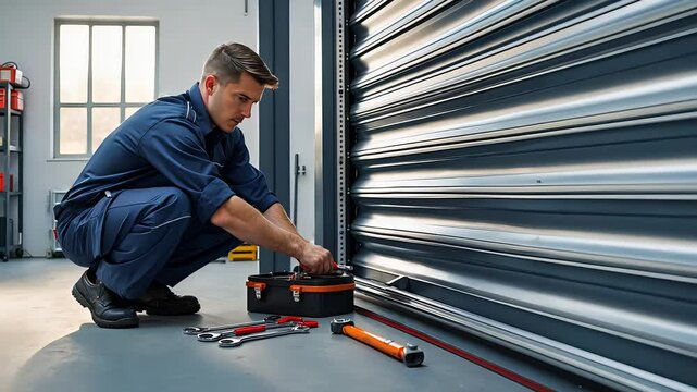  Technician repairing an industrial rolling shutter in a workshop with tools and equipment