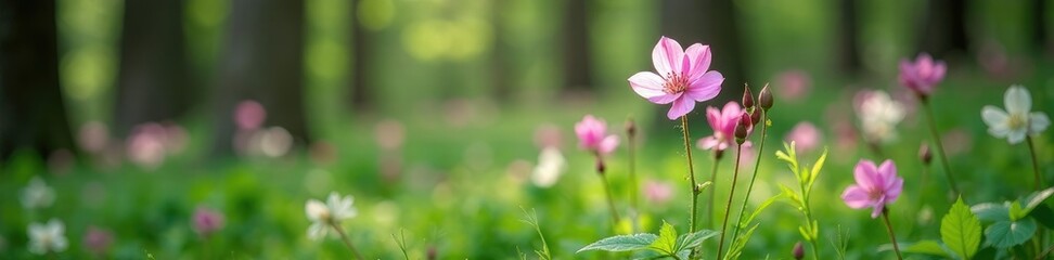 Fototapeta premium Delicate Columbine flowers blooming in the forest, greenery, blossoms, wildflowers